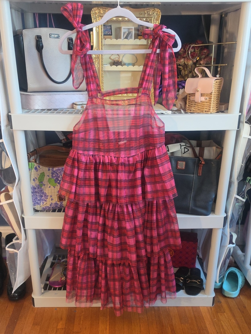 Kimchi Blue Pink Plaid Tiered Tie-Shoulder Midi Dress
